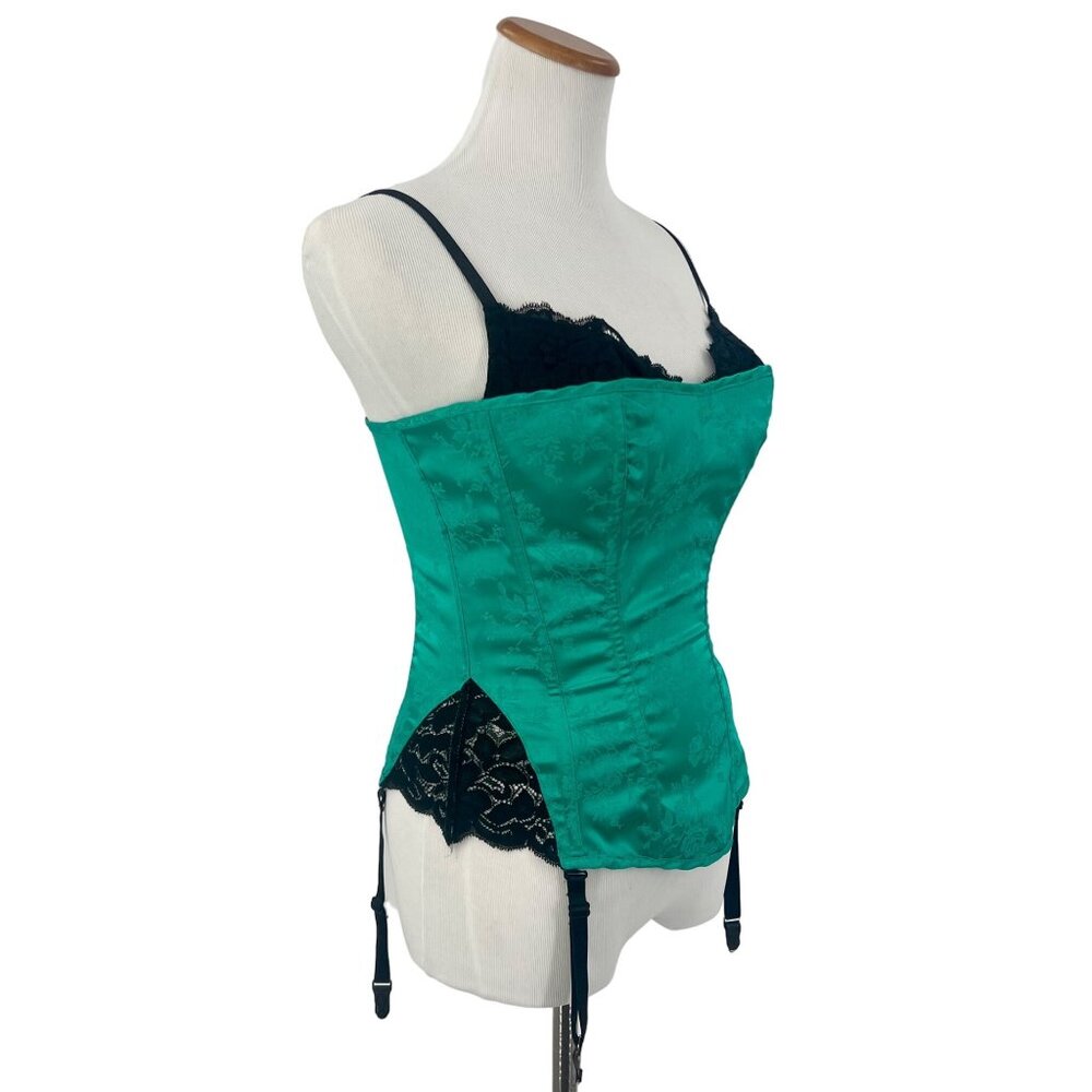 VTG Frederick's Green Brocade Corset Garter Burlesque Coquette Whimsigoth Y2K - Picture 3 of 15
